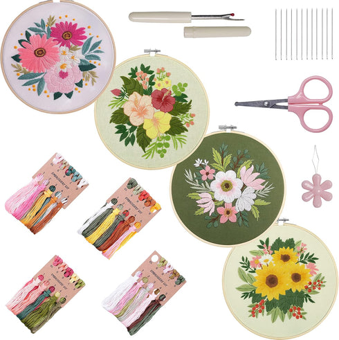 Bonroy 4 Sets Embroidery Kit for Beginners,Embroidery Kit for Art Craft Handy Sewing Include Embroidery Clothes with Pattern,Embroidery Hoops, Ins...