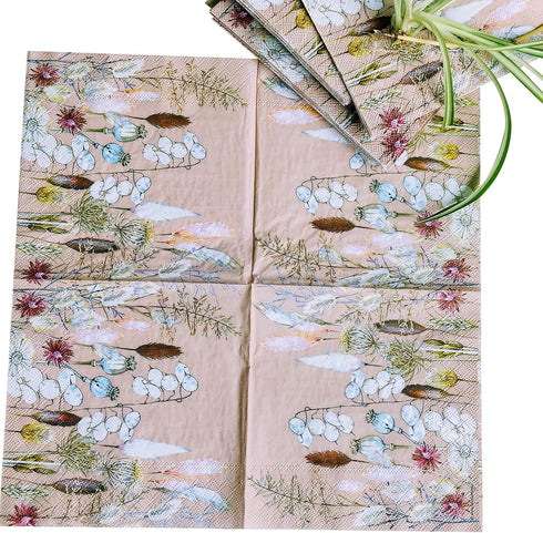 20 Counts 6.5 x 6.5 inches 3-Ply Tan Floral Decorative Napkins for Decoupage, Nature Themed Events, Eco-Friendly & Biodegradable...