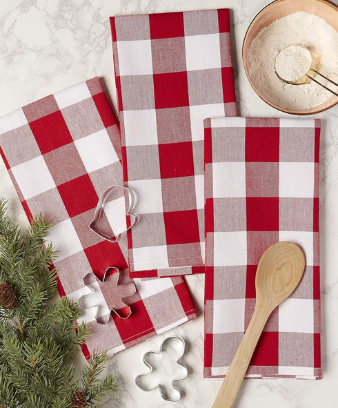 DII Buffalo Check Kitchen Collection, Classic Farmhouse Dishtowel Set, 20x30, Red & White, 3 Piece...