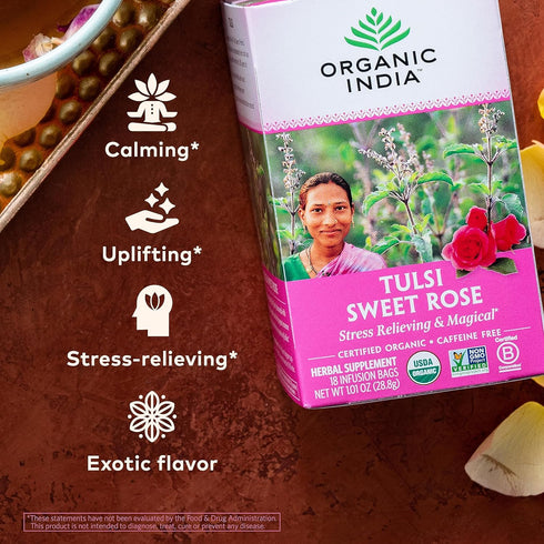 ORGANIC INDIA Tulsi Sweet Rose Herbal Tea - Holy Basil Leaf, African Basil, Chamomilie, Lemon Myrtle, Stress Relieving, Immune Support, USDA Certi...