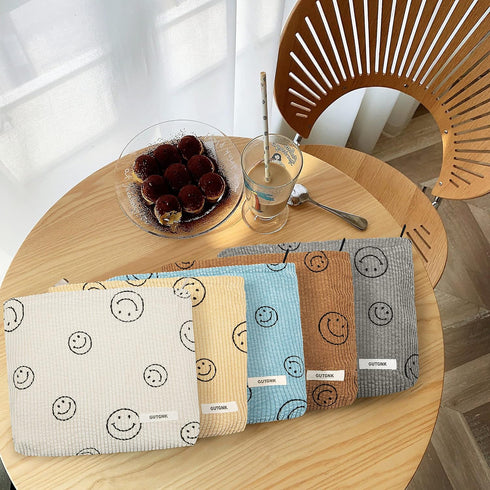 Makeup Bag For Women - Corduroy Cosmetic Bags Aesthetic Design Ladies Tote Bag,Women's Pencil Case,Cute Smiley Face Makeup Organizer with Zipper (...