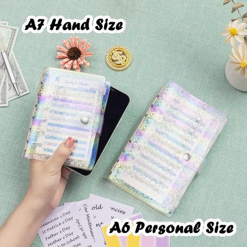 A7 Binder Soft PVC with Bubble 6-Ring Mini Binder, with Mini Binder Pockets x8 Zipper Envelopes, Budget Sheets x12, Cash Envelope Sticker x42, Lab...
