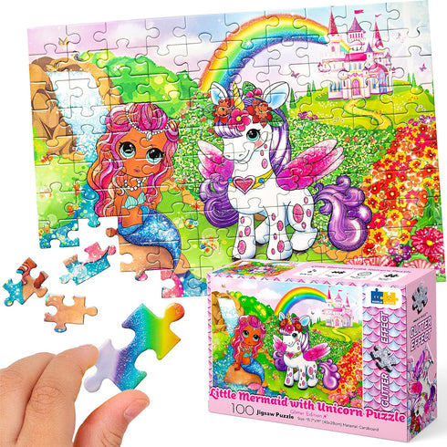 Marlo&Buzz 100-Piece Glitter Jigsaw: Unicorn and Mermaid Princess Puzzles Designed for Kids ages 4-8. Large Pieces for Little Hands, Easy Daily Fu...