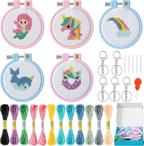 WATINC 5Pcs Embroidery Kit for Kids with Mermaid Patterns Stamped Cross Stitch DIY Key Chain Needle Point Kits Supplies for Sewing Beginners Art C...