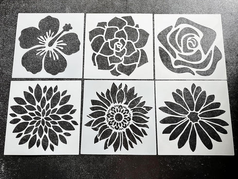 HELLATHUN 6pcs Reusable Large Flower Stencil (12x12 Inches), Sunflower Stencil, Rose Stencil, Dahlia Stencil, Floral Stencil for Painting on Furni...