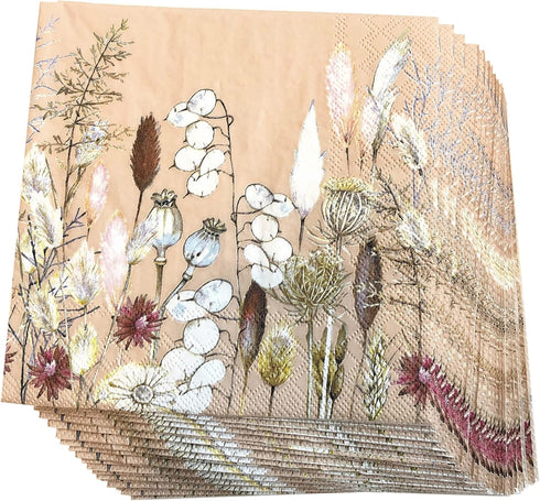 20 Counts 6.5 x 6.5 inches 3-Ply Tan Floral Decorative Napkins for Decoupage, Nature Themed Events, Eco-Friendly & Biodegradable...