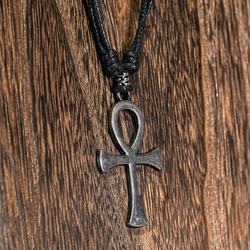 BlueRica Ankh Cross of Life on Adjustable Black Cord Necklace (Old Silver Finish)...