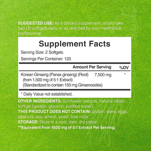 Korean Red Panax Ginseng Root Extract, 7,500mg Per Serving, 240 Softgels – 150mg Active Ginsenosides, 5:1 Max Strength Extract – Energy & Immune H...