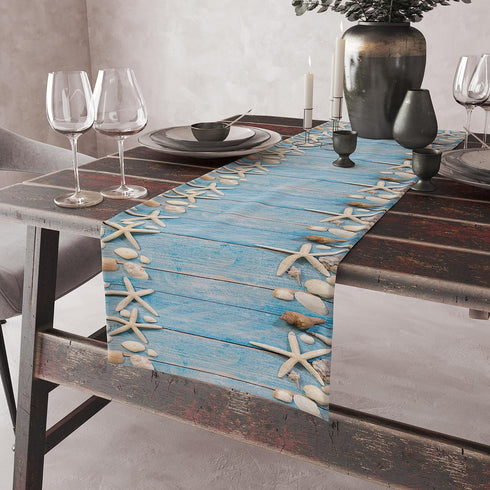 Summer Beach Table Runner Dresser Scarves Beach Theme Cotton Linen Seashells Starfish Blue Rustic Wood Table Setting Decor for Wedding Party Holid...