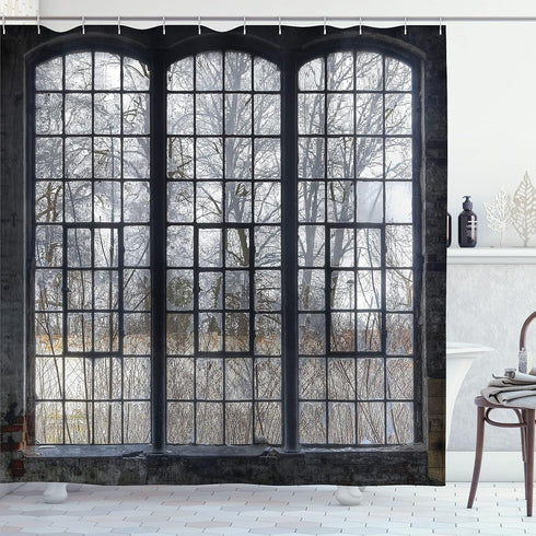Ambesonne Industrial Shower Curtain, Old Large Window with Broken Panes Deserted Hall Forest Trees Winter, Cloth Fabric Bathroom Decor Set with Ho...