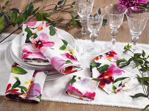 SARO LIFESTYLE Watercolor Floral Design Linen Napkins (Set of 4)...