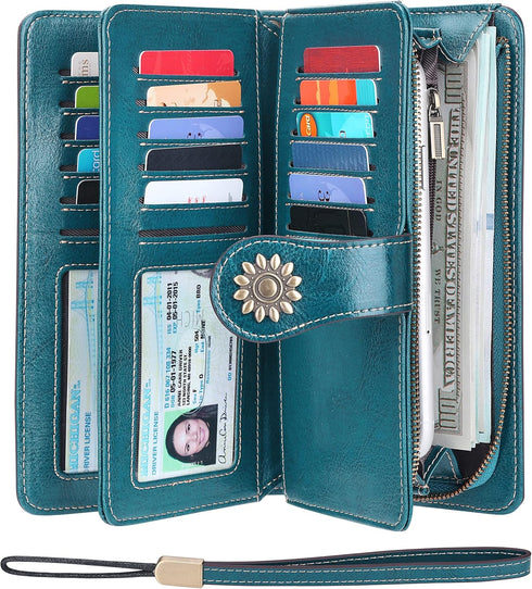 Lavemi Womens Large Capacity Genuine Leather RFID Blocking Wallets Wristlet Clutch Card Holder...
