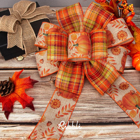Ribbli Fall Ribbon Wired 2 Rolls 2.5 Inch Total 60 Feet(20 Yards), Fall Pumpkin Thanksgiving Ribbon for Wreaths, Big Bows, Autumn Gift Wrapping, O...
