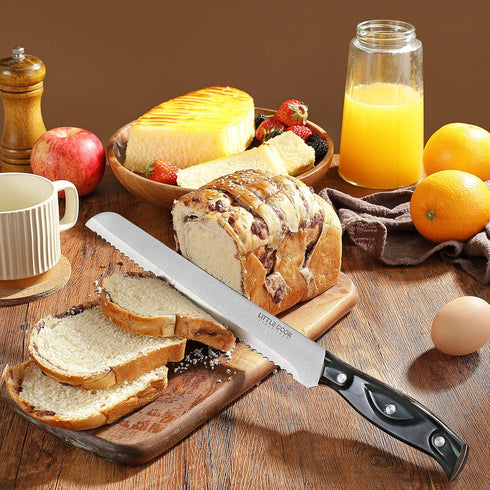 Little Cook Bread Knife with Cover, 10 inch serrated bread knife for homemade bread, German Stainless Steel brisket knife, Bread Cutter Ideal for ...