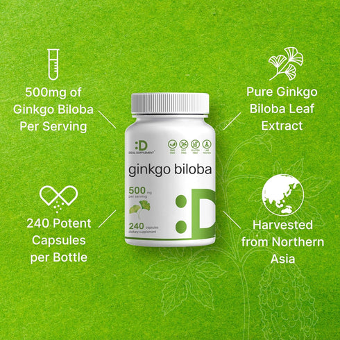DEAL SUPPLEMENT Ginkgo Biloba 500mg Per Serving, 240 Capsules, 4 Month Supply – Grown in Northern Asia – Extra Strength, Promotes Brain Function...
