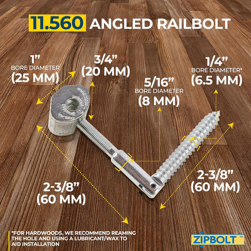 Zipbolt 11.560 Angled Railbolt — Angled Staircase Handrail to Newel Post Connector for Lower Connection, Residential and Commercial Installation, ...