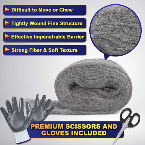 MAPORCH Steel Wool for Mice Control - 3 Pack, 3.2"x7.5 ft Wool, Gap Filler for Home & Garage, DIY Bundle with Gloves & Scissors...