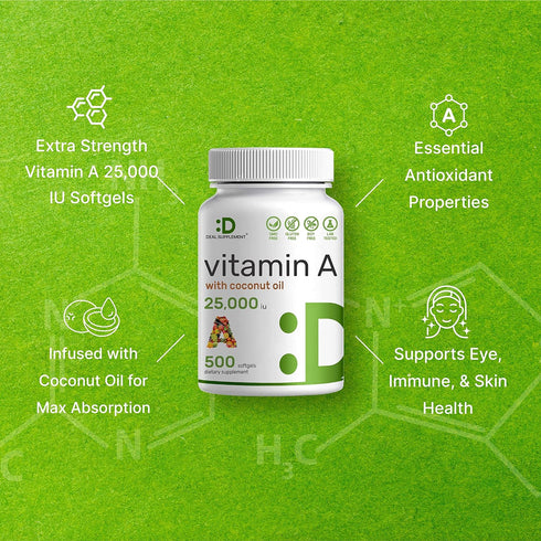 DEAL SUPPLEMENT High Potency Vitamin A 25000 IU, 500 Coconut Oil Softgels | Easily Absorbed, Natural Fish Liver Oil Source – Vitamins for Eye, Imm...