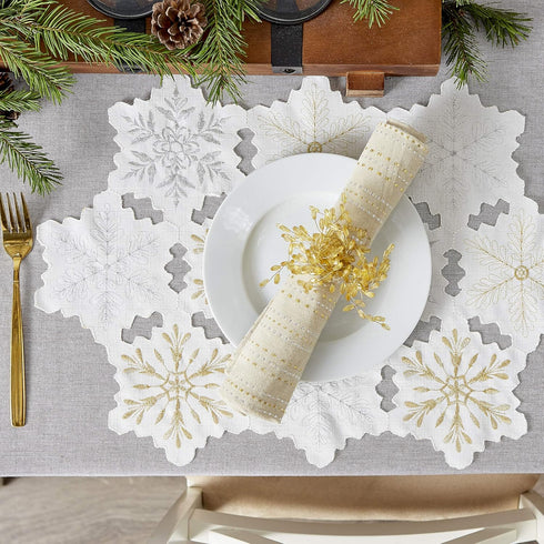 DII Embroidered Holiday Table Décor Collection Christmas Kitchen, Snowflakes Placemat Set, 13x19, Silver & Gold, 4 Piece...