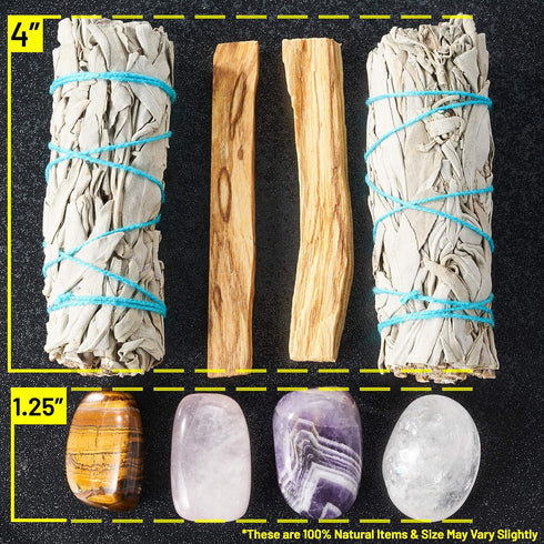 Perfect Unity Smudging Kit - 2 White Sage Smudge Sticks + 2 Palo Santo Sticks + Abalone Shell Bowl + Rose Quartz, Amethyst, Tiger's Eye & Clear Qu...