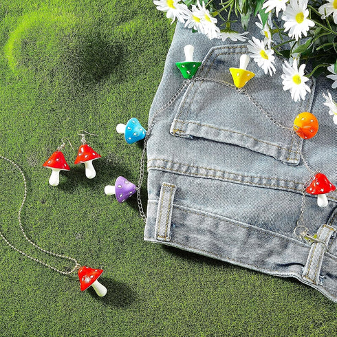 Kenning 3 Pieces Mushroom Pants Chain Dangling Earrings Necklace Set Mushroom Pendant Keychain Drop Dangle Earrings Necklace for Women Jewelry Acc...