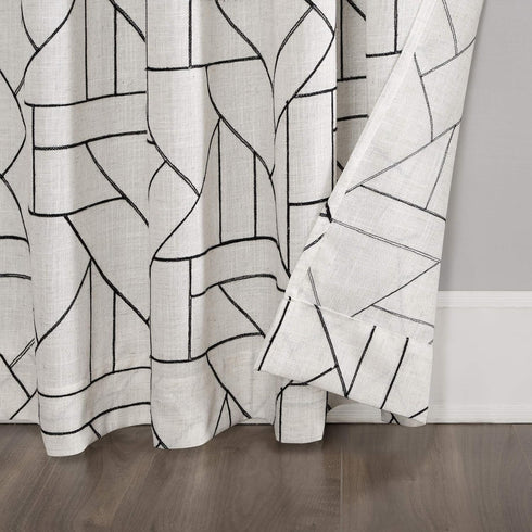 Archaeo Fragmented Geometric Embroidery Mid-Century Modern Natural Linen Blend Curtain, 50" x 63", Black/Linen...