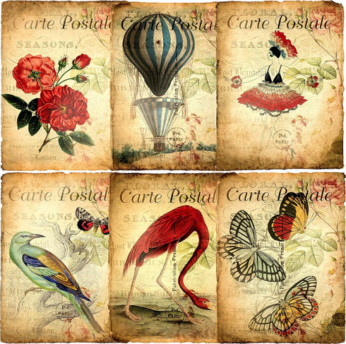 Carte Postale Rice Paper, 8 x 10.5 inch - 6 x Different Printed Mulberry Paper Images 30gsm Visible Fibres for Decoupage Crafts Mixed Media Collag...