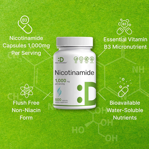 Vitamin B3 Nicotinamide 1,000mg Per Serving – 500 Capsules, Flush Free Niacin, Essential B3 – Supports Healthy Skin & Energy Production – Non-GMO...