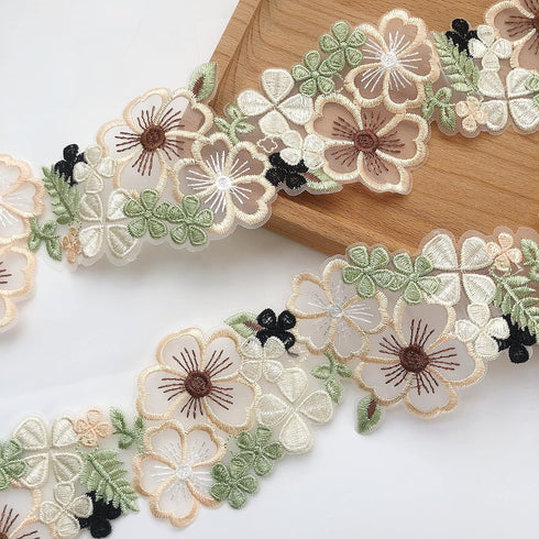 Organza 3D Flower Lace Trim, Green and Beige Embroidery Floral lace Ribbon for Dress/Wedding/Bridal DIY Sewing Decoration,2Yard...