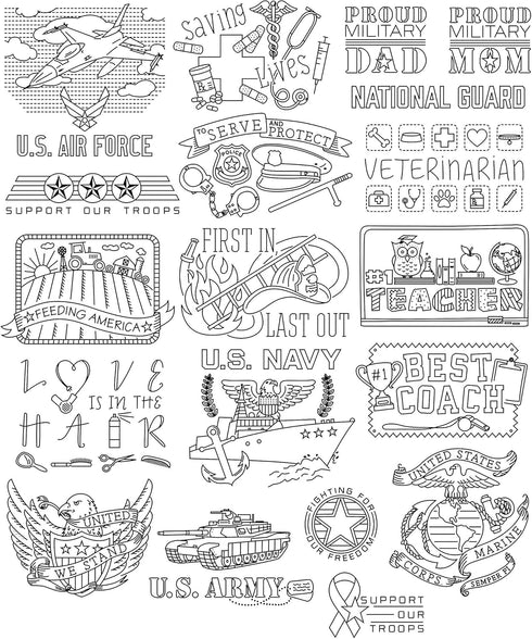 Aunt Martha's 412 in The Line of Duty Transfer Pattern Book with Over 25 Iron on Patterns...