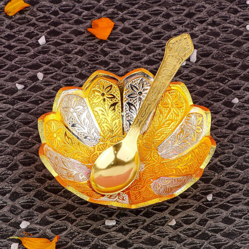 SATVIK 1 Pc 4 Inch Designer Gold Silver Plated Lotus Flower Dessert Dry Fruits Embossed Serving Bowl With Spoon Set Diwali Pujan Decortive Bhog Bo...