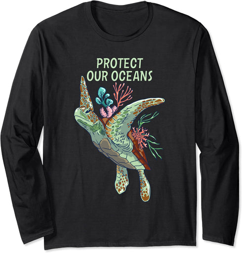 Protect Our Oceans Climate Change - Save Turtles Coral Reef Long Sleeve T-Shirt...