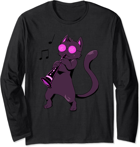 Clarinet Cool Cat Hippy Hipster Kitty Playing Music Long Sleeve T-Shirt...