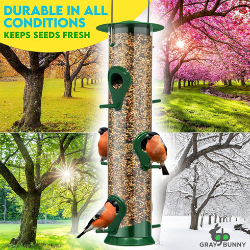 Gray Bunny 14 Inches Tube Bird Feeders for Outdoors Hanging, 6 Feeding Ports, Hard Plastic Bird Feeder Outdoor Weatherproof and 4 Inch Steel Hange...