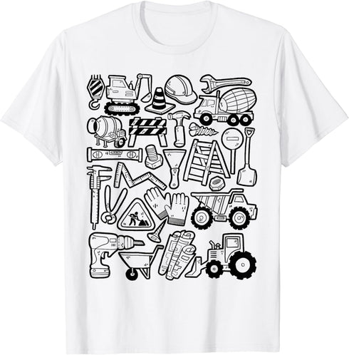 Construction Site Doodle Excavator Worker Crane Helmet Tools T-Shirt...