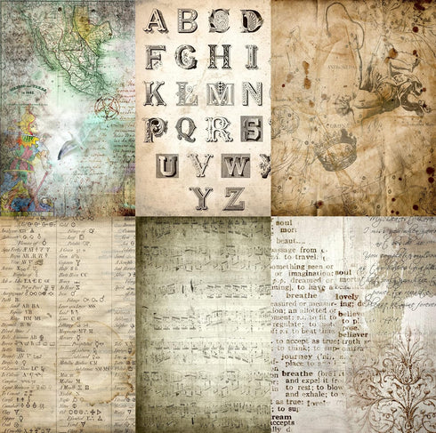 Antique Background Mulberry Rice Paper, 8 x 10.5 inch - 6 x Different Printed Mulberry Paper Images 30gsm Visible Fibres for Decoupage Crafts Mixe...