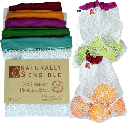 The Original Eco Friendly See Through Washable and Reusable Produce Bags - Soft Premium Lightweight Nylon Mesh Large - 12x14in - Set of 5 (Red, Ye...