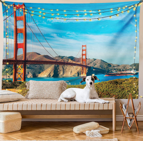 Ambesonne Landscape Tapestry, Golden Gate San Francisco Sunny Summer Day Ocean Stones Touristic, Wide Wall Hanging for Bedroom Living Room Dorm, 6...
