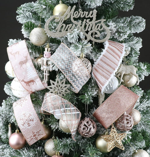 Rose Gold Christmas Ribbon Wired 2.5" Pink Christmas Tree Ribbon Garland Rose Gold Glitter Wired Ribbon for Crafts, Wreaths, Topper Bows, Gift Wra...