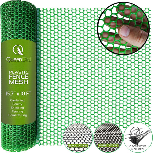 Upgraded Plastic Chicken Wire Fence Mesh - 15.7IN x 10FT- Black/Green/White Colors - Hexagonal Fencing for Gardening - Poultry Netting, Floral Net...