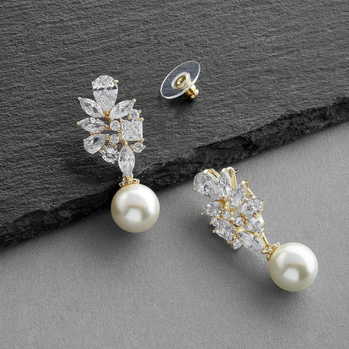 Mariell Gold Pearl Drop Bridal Earrings with CZ Crystal, Statement Jewelry for Bride, Mother of the Bride...