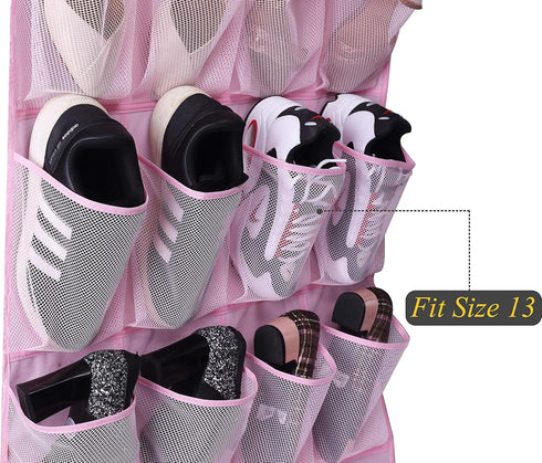 MISSLO Kids Shoe Organizer Pink Room Decor for Bedroom Door Hanging Baby Closet Storage over the Rack Breathable 24 Large Mesh Pockets for Toddler...