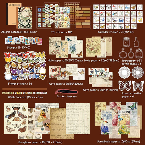 emmoolife Vintage Aesthetic Scrapbooking Supplies Kit, Butterfly Junk Journal Scrapbook Kit with Journaling Supplies, A6 Grid Notebook, Stationery...