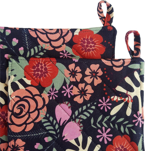 CUSHYSTORE Canvas Pot Holder Oven Pads Potholders Navy Blue for Cooking Kitchen 7.75", 2 Pack (Exotic Flower)...