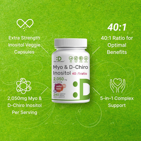 Myo-Inositol & D-Chiro Inositol Supplement (40:1) 2,050mg Per Serving, 240 Veggie Capsules – with Folate, Vitamin D3, & Vitex Complex – Women Heal...