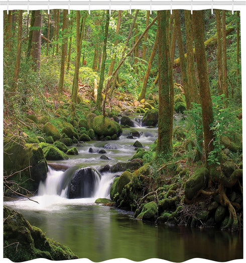 Ambesonne Nature Shower Curtain, Stream Flowing in Forest Mossy Rocks Tree Foliage Splash Summertime Hiking, Cloth Fabric Bathroom Decor Set with ...