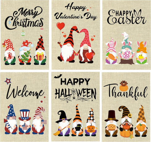 GROBRO7 6Pcs Easter Gnome Seasonal Garden Flag Set for Halloween Thanksgiving Christmas Unique Party Decoration Double Sided Print Burlap House Fl...