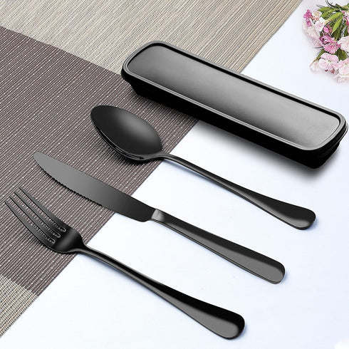 Portable Travel Utensils Set, 18/8 Stainless Steel 3 PCS Cutlery Set Including Knife Fork and Spoon, Reusable Travel Silverware Set with Case for ...