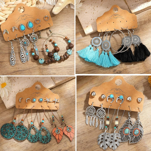 45 Pairs Vintage Silver Drop Dangle Earrings Set for Women Bohemian Bronze Waterdrop Leaf Earrings...
