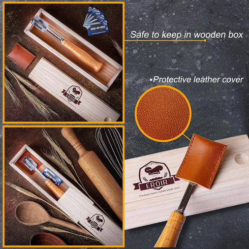 Hand Crafted Bread Lame Dough Scoring Tool in Wooden Storage Box for Sourdough Bread Baking - Dough Scoring Knife with 10 Extra Blades and a Prote...